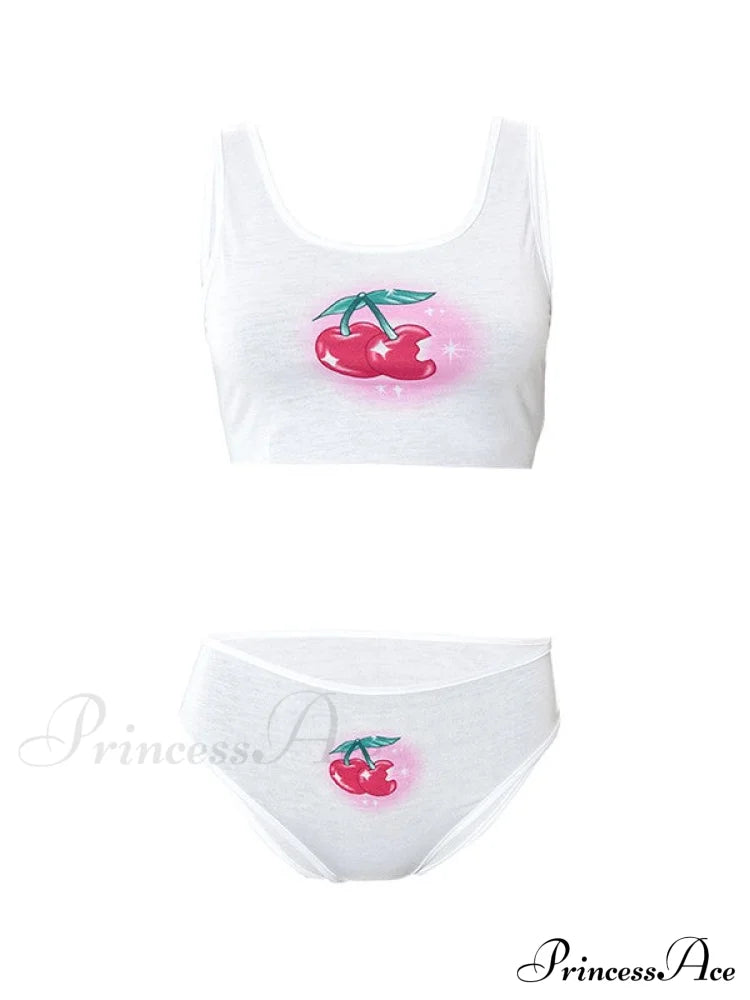 Cherry Print Lace Trim Split Classic Strapless Bodycon Mini Dress - Red Two-Piece Outfits