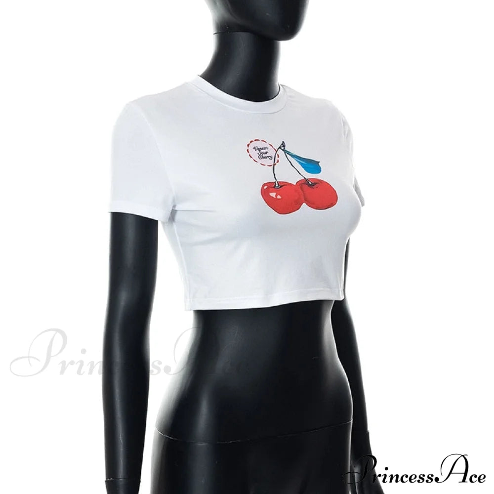 Cherry Print Stylish White Crop Top