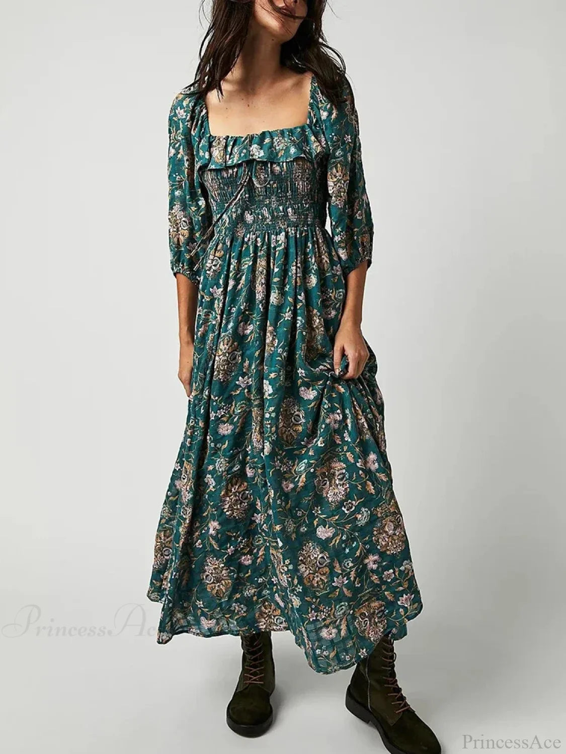 Chic Boho Backless Ruffle Floral Dress Green / S oldfloraldress-250126