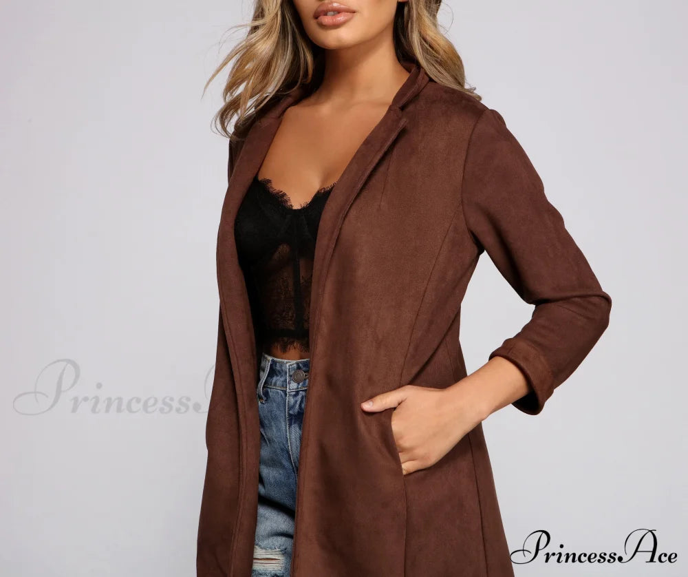 Chic Faux Suede Blazer Casual Woven Jackets