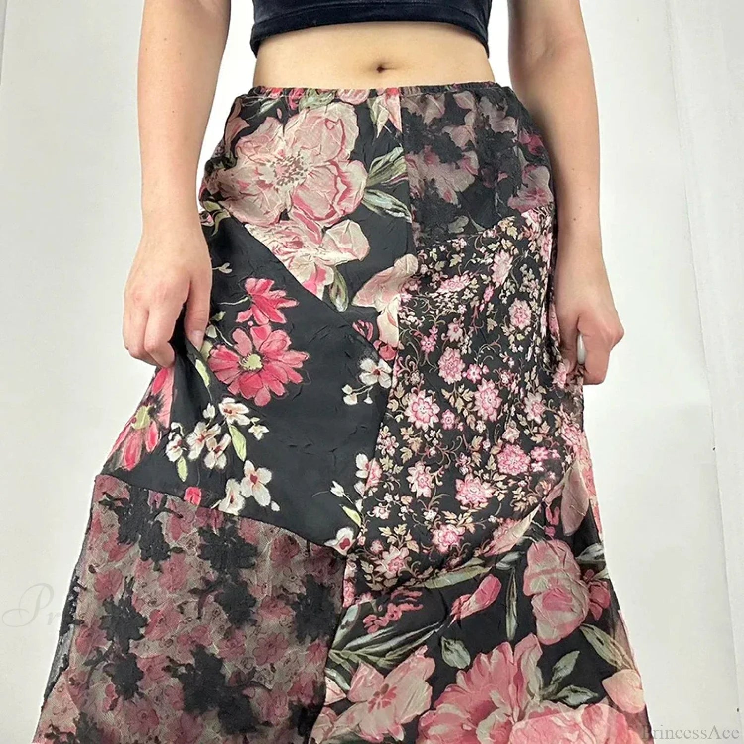 Chic Floral Print Low Rise Patchwork Skirt skirt-250126