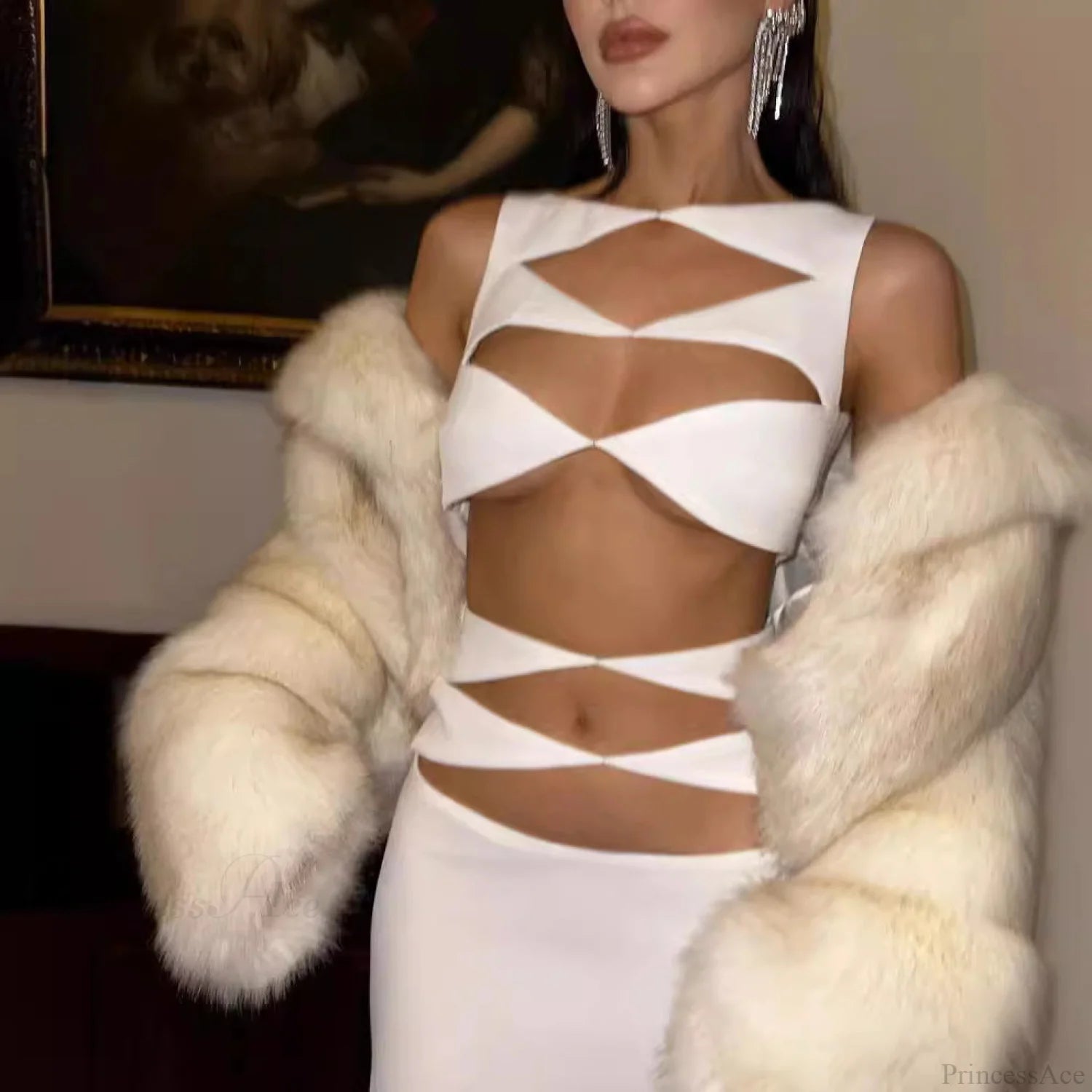 Chic Hollow-Out Two-Piece Bandage Dress Red Carpet Prom Dress white / XS promdress-250223