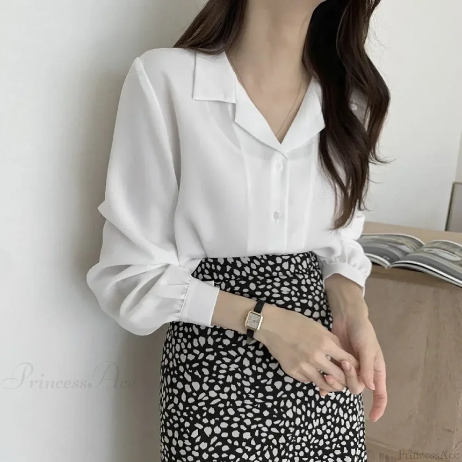 Chic Lantern Sleeve Suit Collar Loose Office Shirt blouse-250126