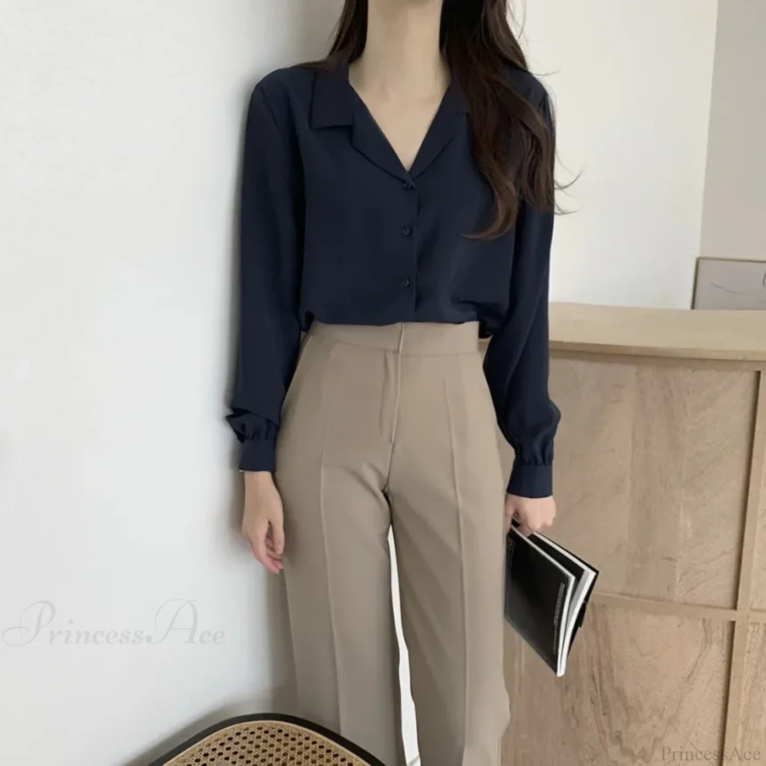 Chic Lantern Sleeve Suit Collar Loose Office Shirt blouse-250126