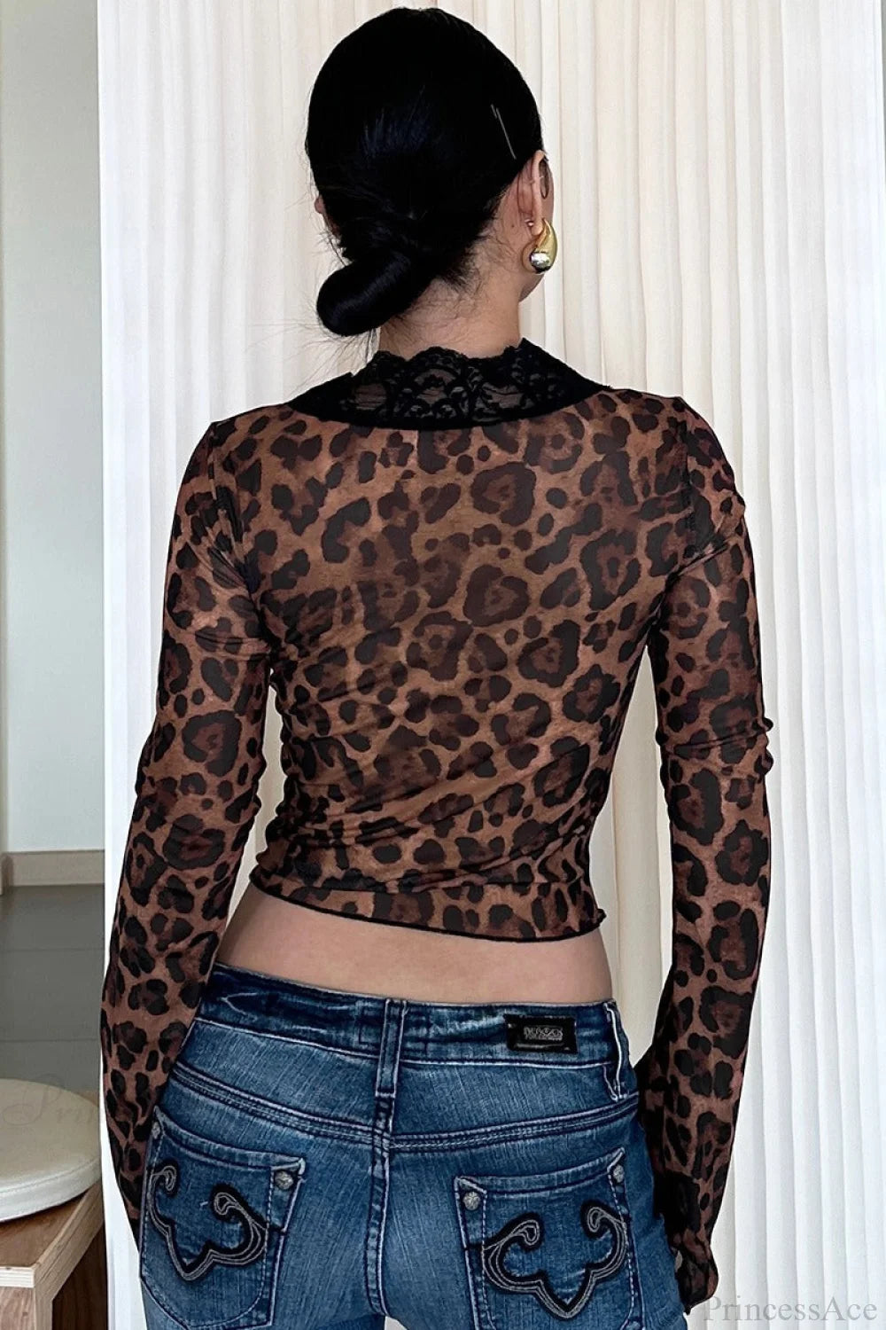 Chic Leopard Print Mesh Lace Trim Blouse
