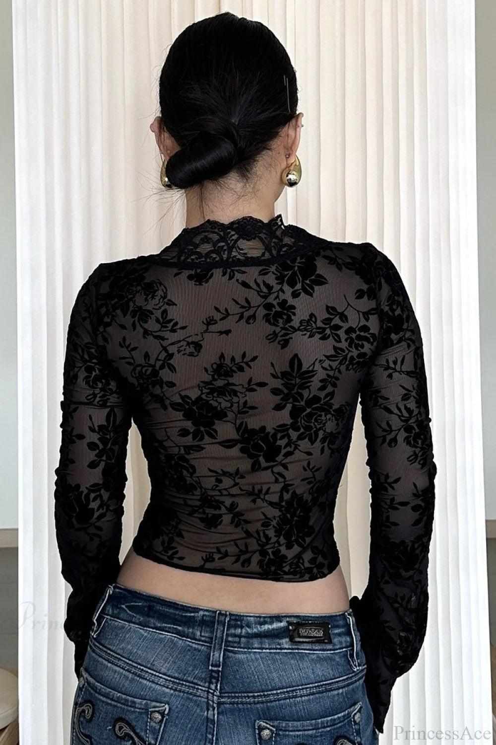 Chic Leopard Print Mesh Lace Trim Blouse