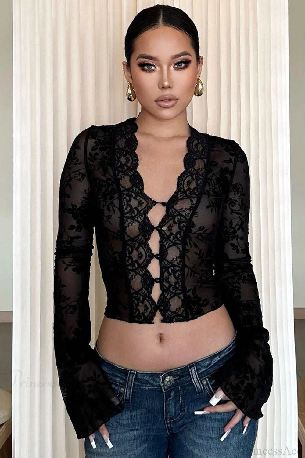 Chic Leopard Print Mesh Lace Trim Blouse Black / XS