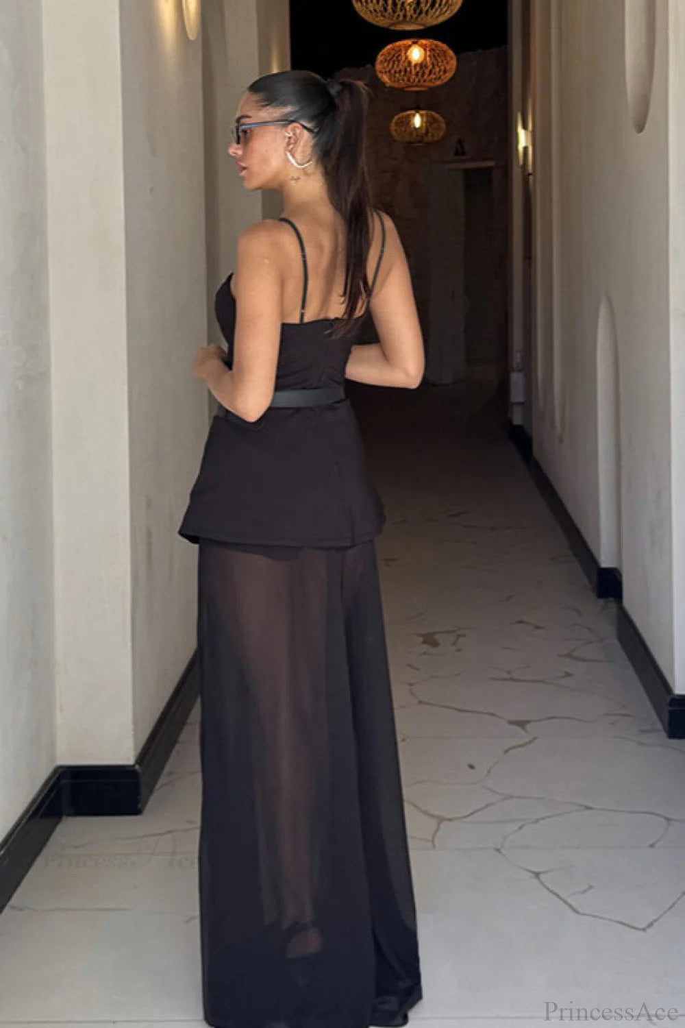 Chic Mesh Cami Panel Slim Maxi Dress