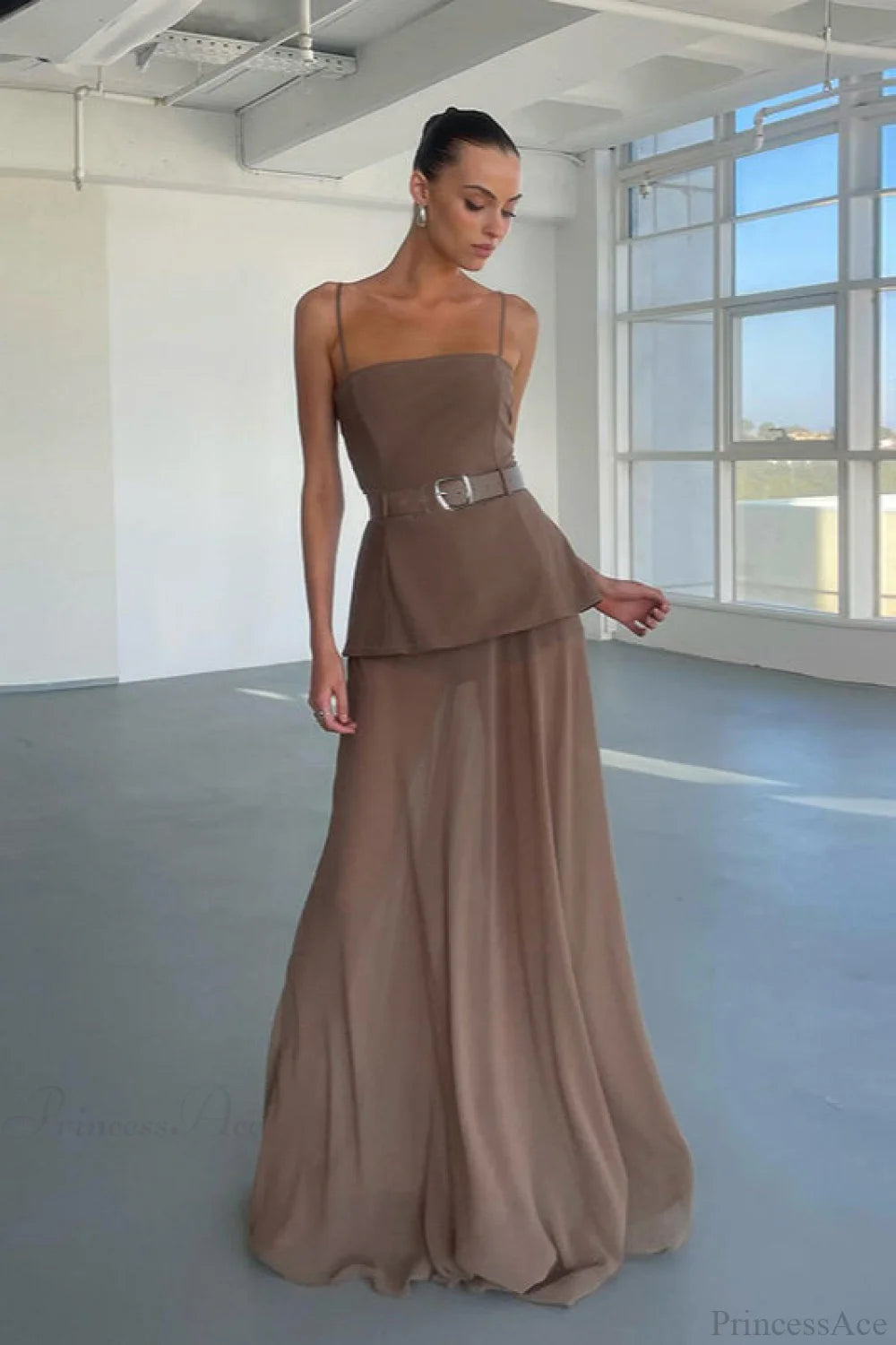 Chic Mesh Cami Panel Slim Maxi Dress Brown / S