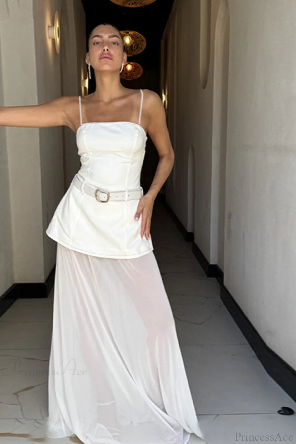 Chic Mesh Cami Panel Slim Maxi Dress White / S