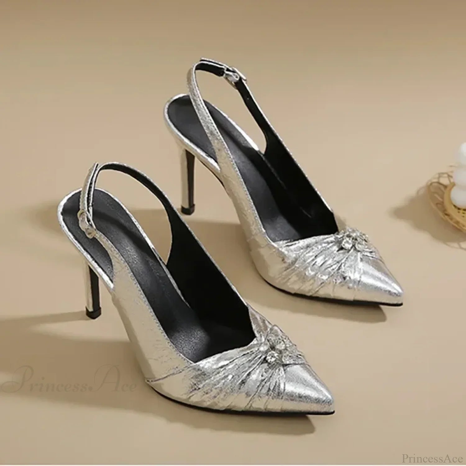 Chic Pointed Pleated Leather Rhinestone Decorative Buckle Slingback Thin High Heels Office Heel