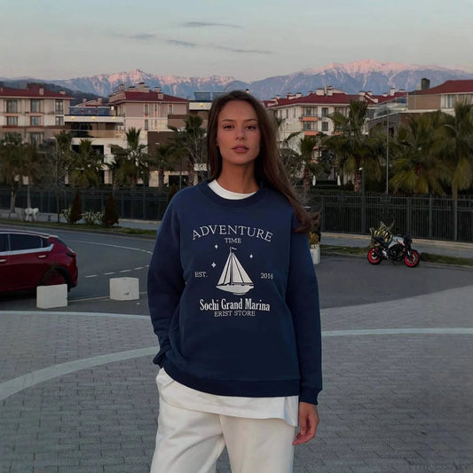 Chic Printed Crew Neck Oversized Long Sleeve Sweatshirt Blue / S