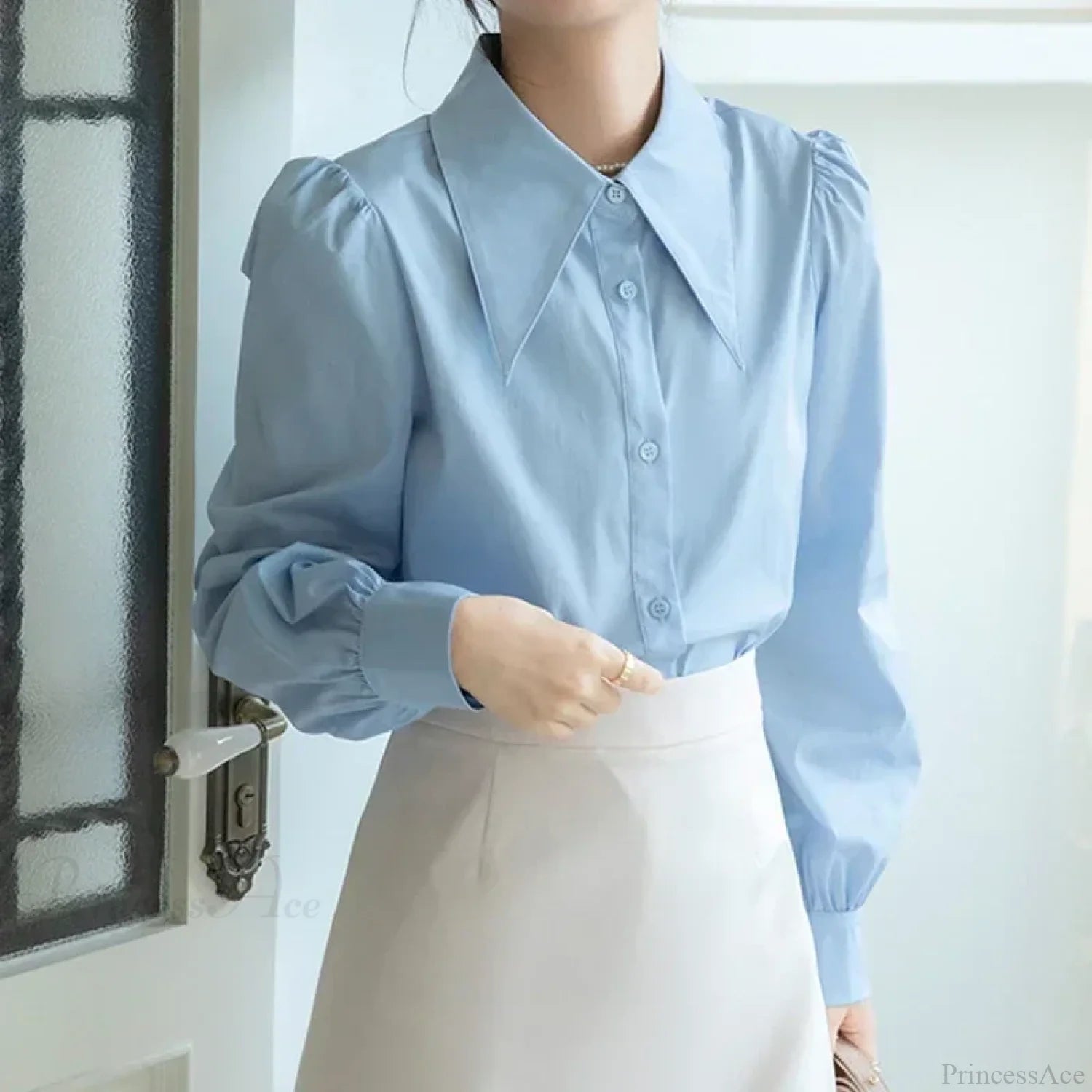 Chic Puff Sleeve Turn Down Collar White Blouse blouse-250126