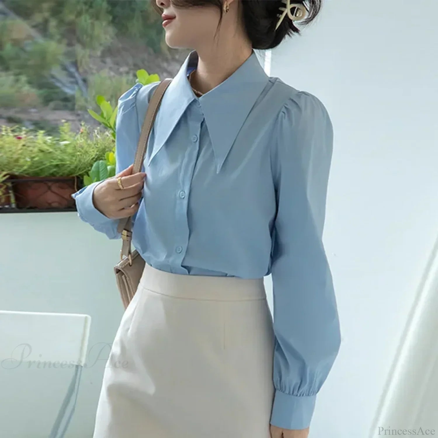 Chic Puff Sleeve Turn Down Collar White Blouse blouse-250126