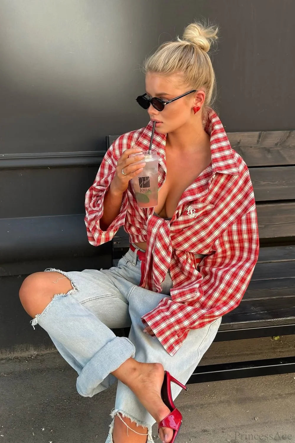 Chic Red Plaid Collared Loose Long Sleeve Blouse