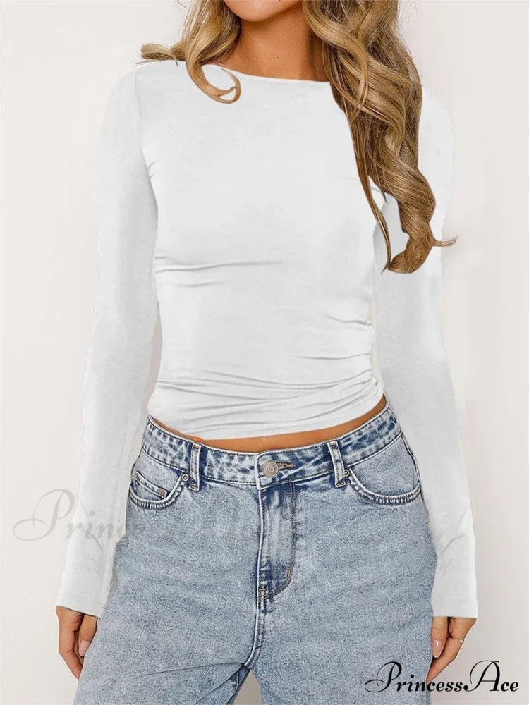 Chic Ruched Short Sleeve Solid Color Crop Tops Slim Fit T-Shirts White / S