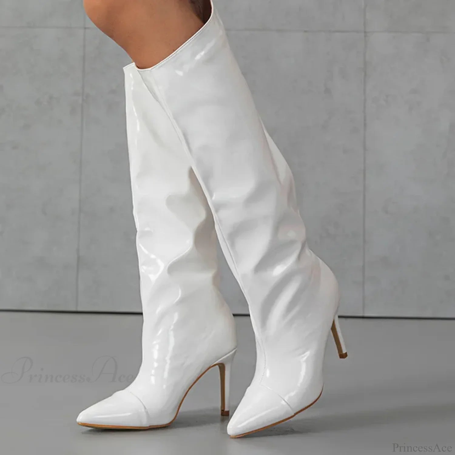 Chic Sexy Pointed Toe Slim High Heeled Boot Patent Leather Pleated Knee-High Modern Heel White / 35