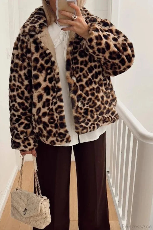 Chic Turn-Down Collar Reversible Leopard Cotton Coat