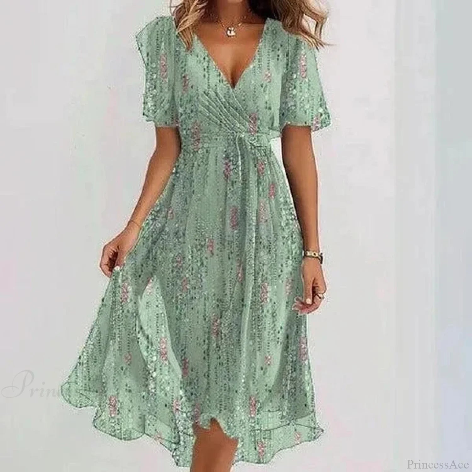 Chiffon Floral Print V-neck Dress LIGHT GREEN / S oldfloraldress-250126