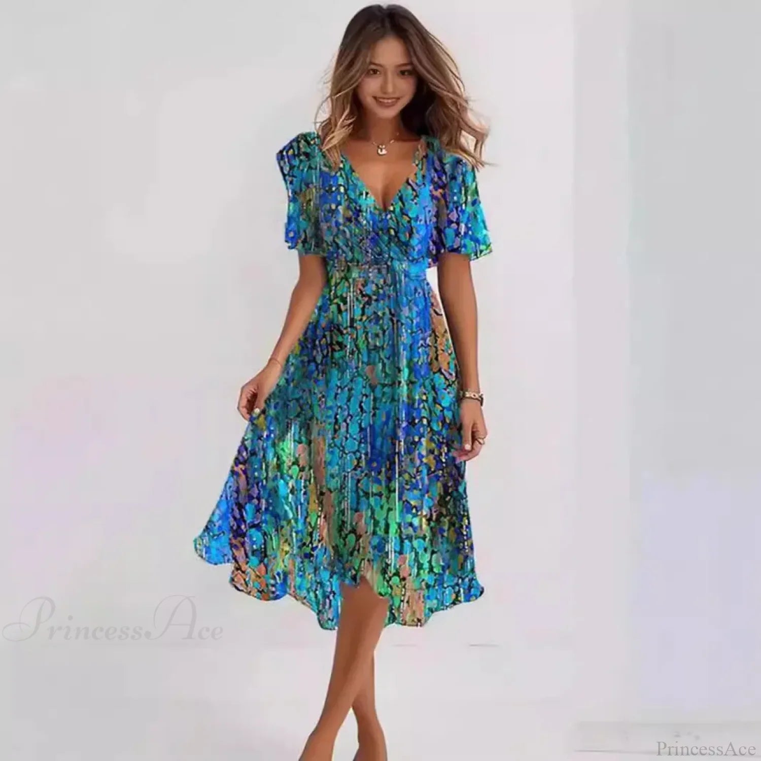 Chiffon Floral Print V-neck Dress oldfloraldress-250126