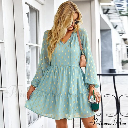 Chiffon For Vintage Gown Casual Bohemian Brief Party Women Design Dot - Sundress Green / S