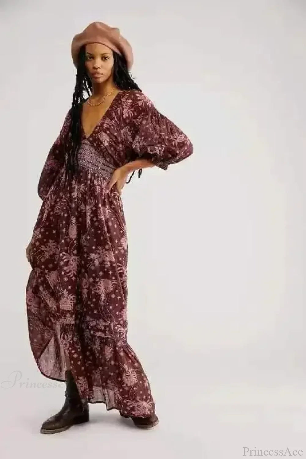 Chiffon Long Sleeve Holiday Floral Boho Dress bohodress-250126