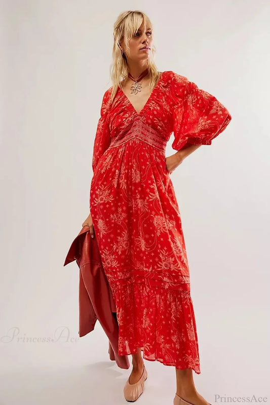 Chiffon Long Sleeve Holiday Floral Boho Dress bohodress-250126
