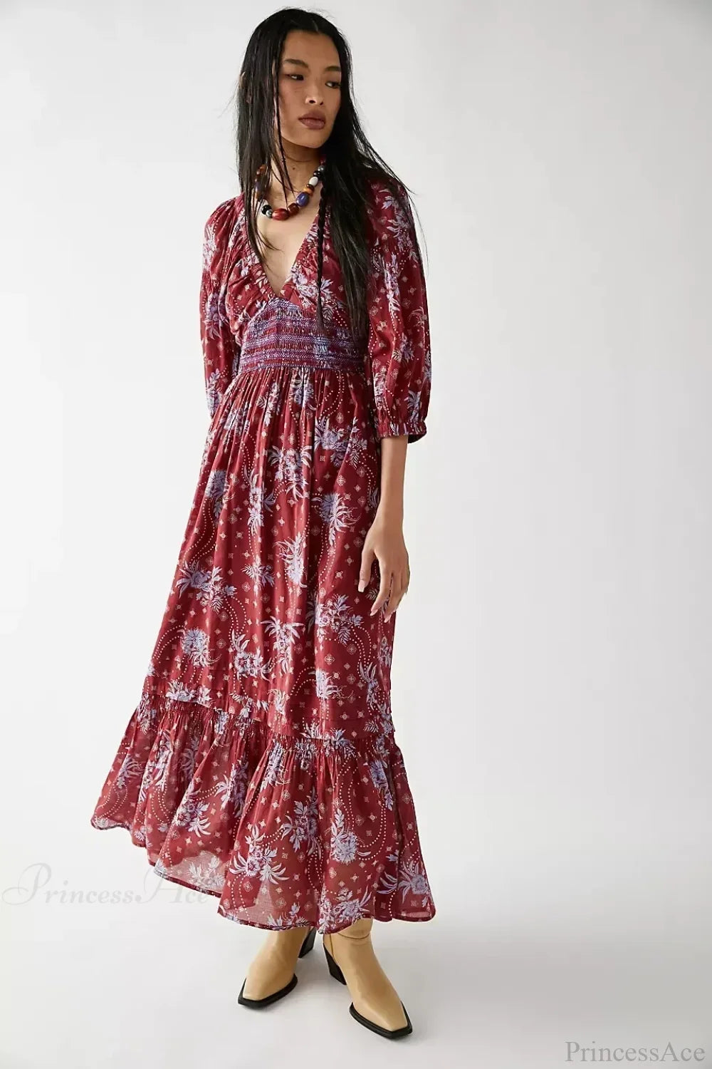 Chiffon Long Sleeve Holiday Floral Boho Dress Burgundy / S bohodress-250126