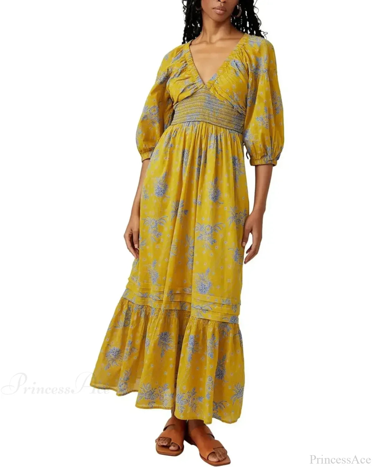 Chiffon Long Sleeve Holiday Floral Boho Dress Yellow / S bohodress-250126