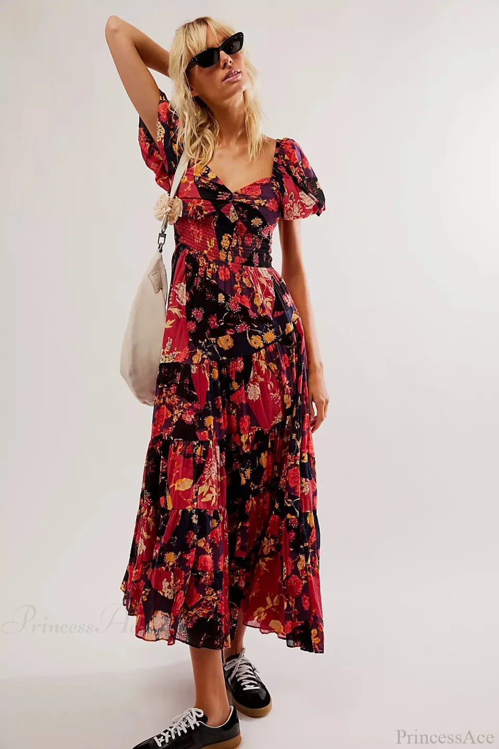 Chiffon Maxi Dress Floral Print Puff Sleeve bohodress-250126