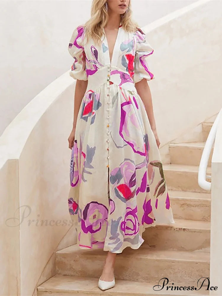 Chiffon Maxi Summer Beach Dress S / Blue Green Maxi Print Dress