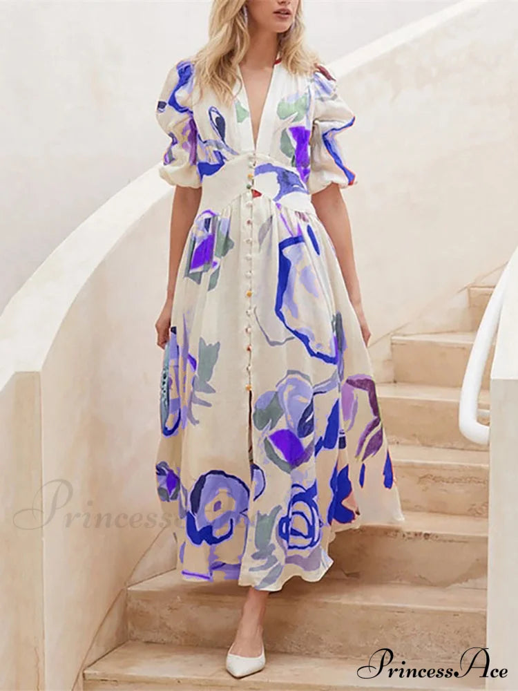 Chiffon Maxi Summer Beach Dress S / Fuchsia Green Maxi Print Dress