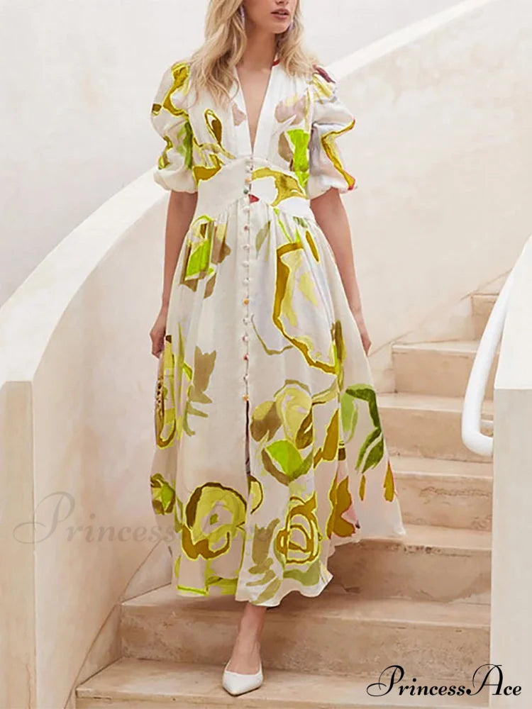 Chiffon Maxi Summer Beach Dress S / Gold Green Maxi Print Dress
