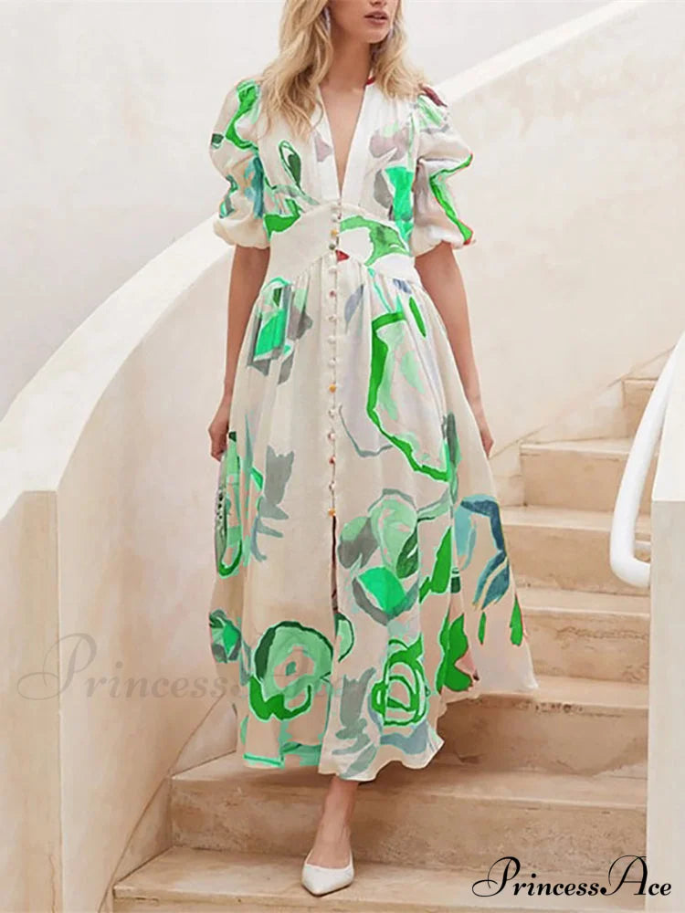 Chiffon Maxi Summer Beach Dress S / White Green Maxi Print Dress