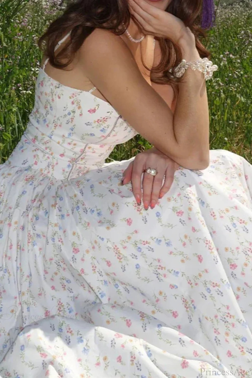 Chiffon Pleated Floral Off Shoulder Maxi Dress