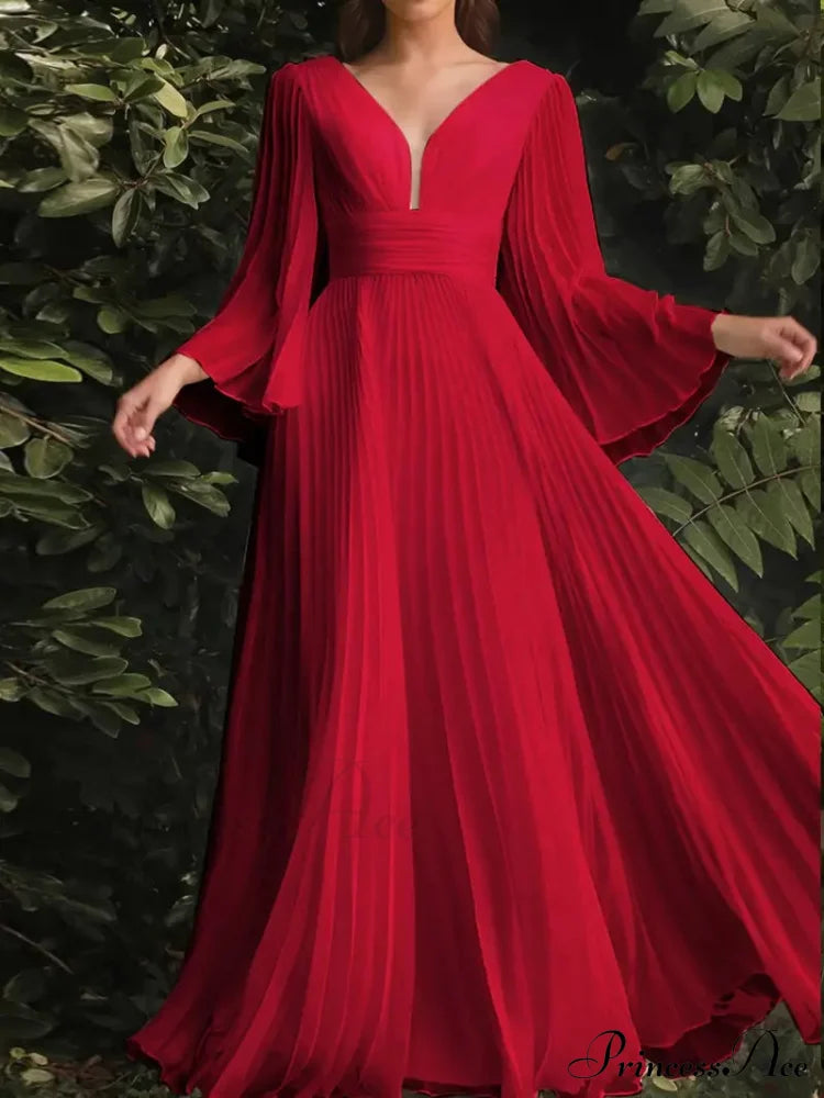 Chiffon Pleats Maxi V Neck Dress - Long Sleeve 2Xl / Red Champagne Chiffon Dress