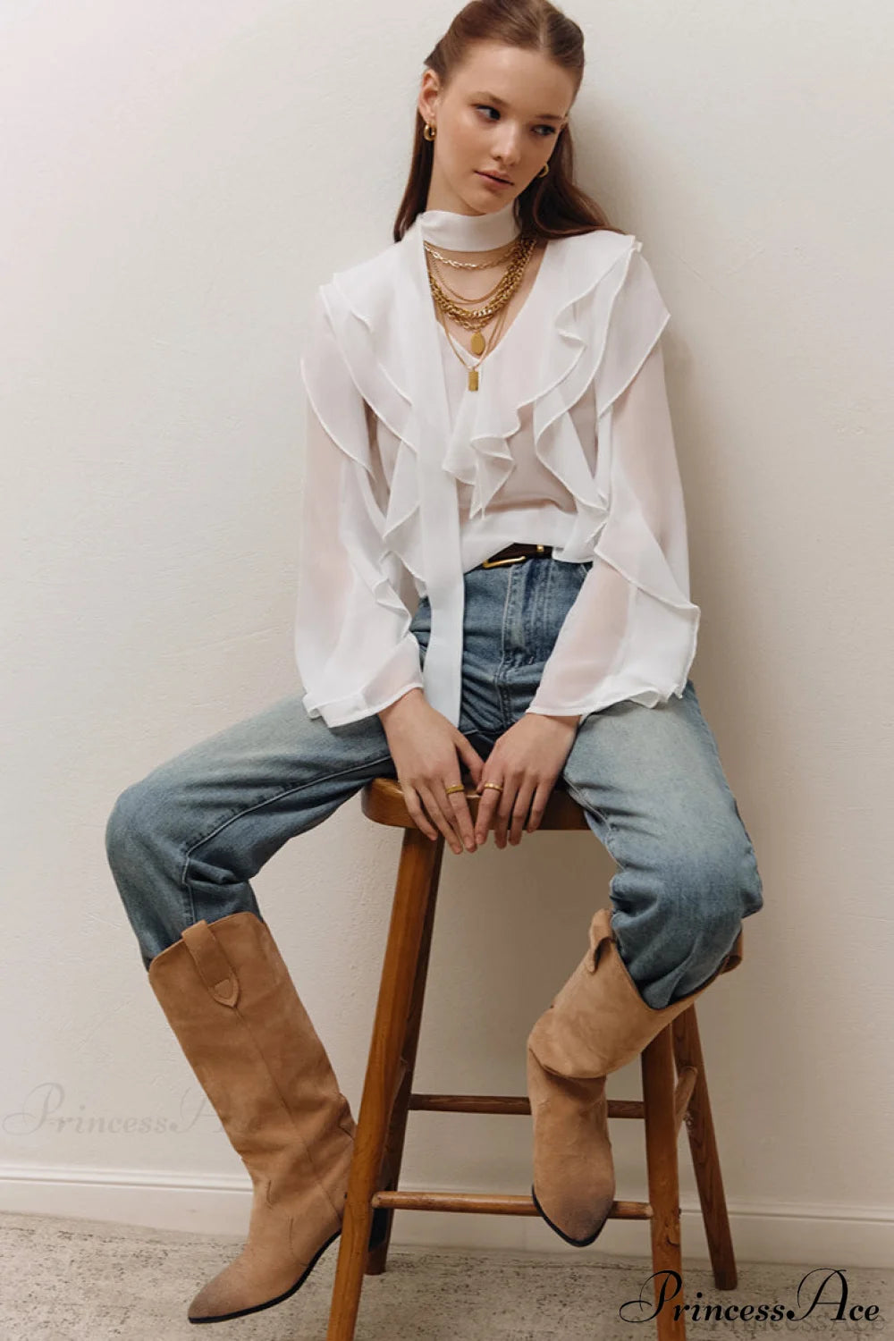 Chiffon Ruffled Long Sleeve V Neck Blouse