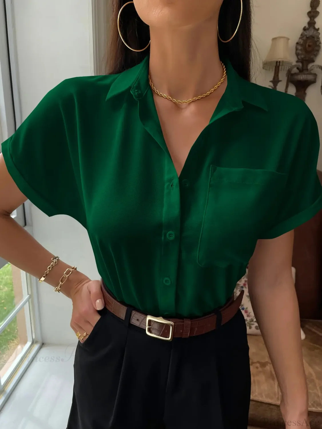 Chiffon Short-Sleeved Casual Blouse green / XS blouse-250223