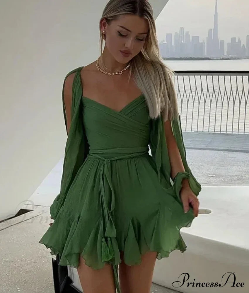 Chiffon Slit Long Sleeve Graceful Lace Up Mini Dress Dresses