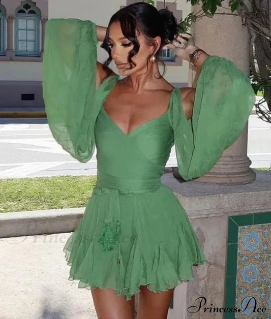 Chiffon Slit Long Sleeve Graceful Lace Up Mini Dress Dresses