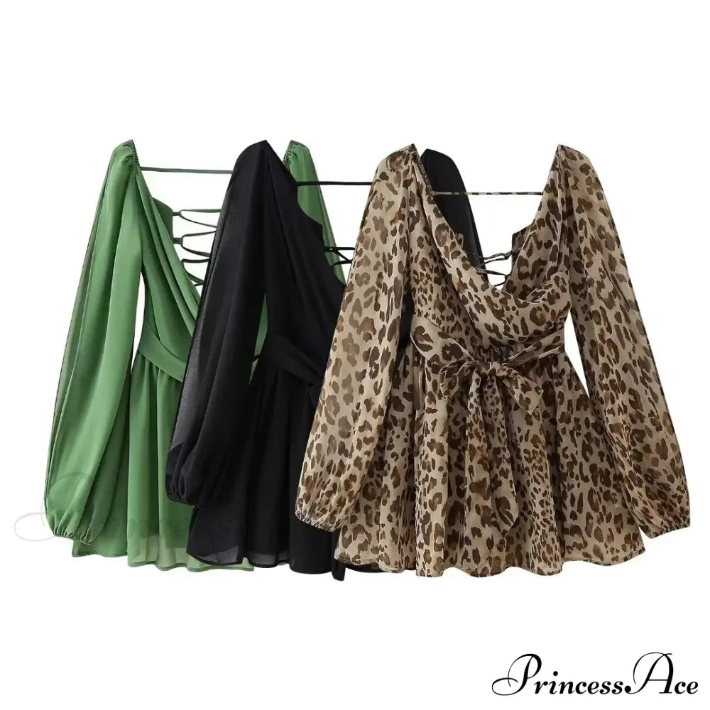 Chiffon Slit Long Sleeve Graceful Lace Up Mini Dress Dresses