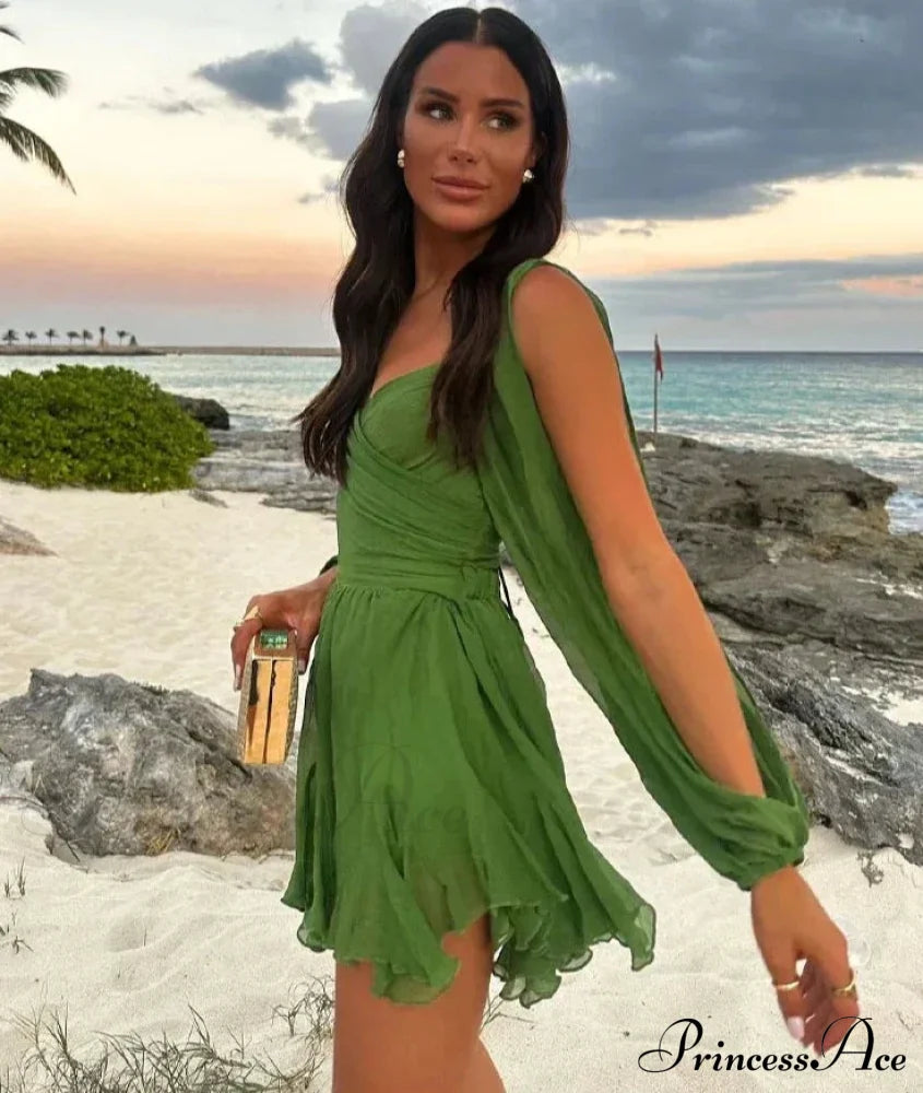 Chiffon Slit Long Sleeve Graceful Lace Up Mini Dress Dresses