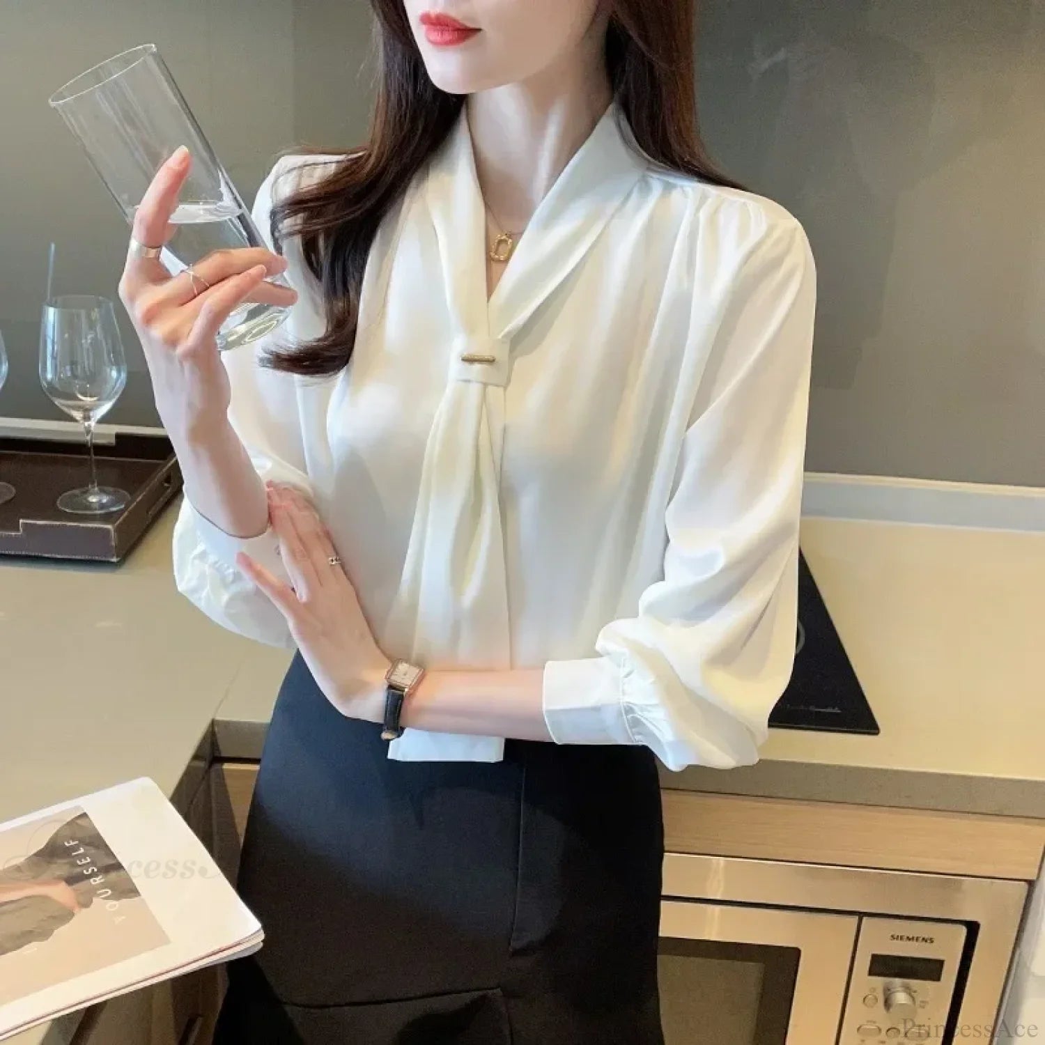 Chiffon V-neck Tie Loose Long Sleeve White Blouse blouse-250126