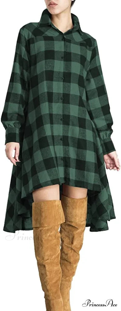 Christmas Plaids V Neck Long Sleeve Irregular Hem Dress Green / X-Large