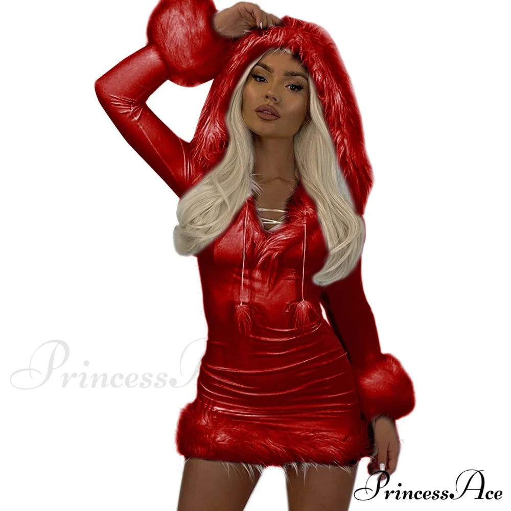 Christmas Plush Hem Splicing Frenulum V-Neck Hooded Skirt Red / S