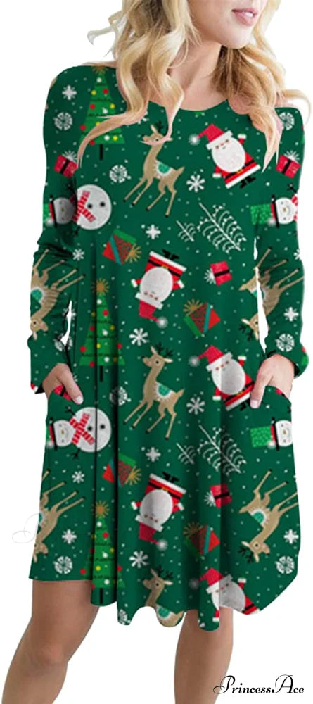 Christmas Print Pullover Flared A Line Dress Snowman Pocket 1 / Xx-Large