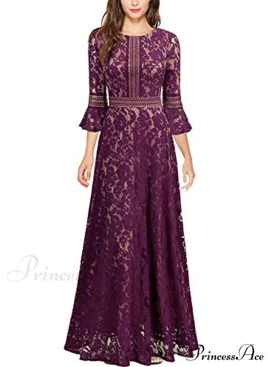 Christmas Vintage Full Lace Contrast Bell Sleeve Formal Long Dress