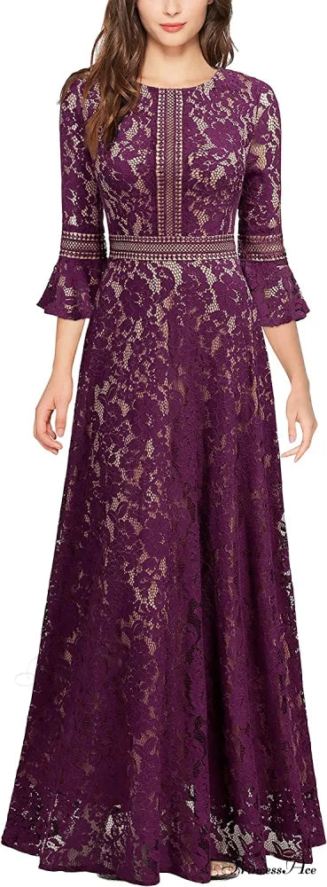 Christmas Vintage Full Lace Contrast Bell Sleeve Formal Long Dress A-Magenta / Small