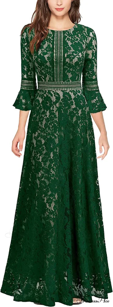 Christmas Vintage Full Lace Contrast Bell Sleeve Formal Long Dress C-Green / Xx-Large