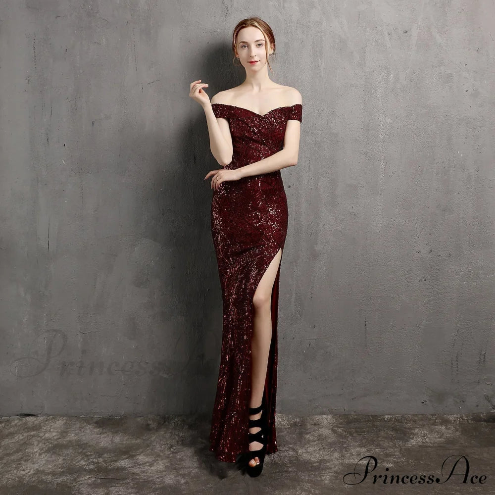 Clara Glitter Off the Shoulder Split Dress For Prom - Lady Occasions